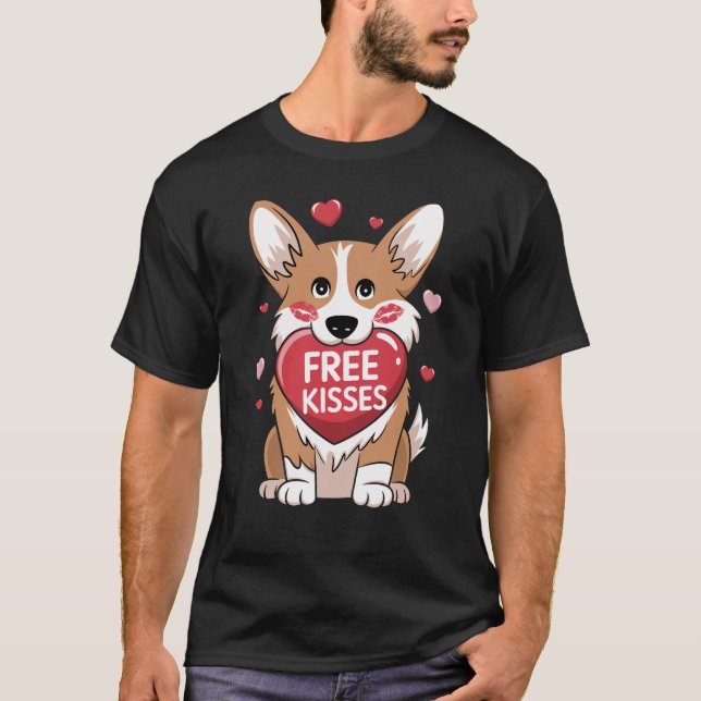 Corgi Hund Valentines day Free Kisses T Shirt (Framsida)