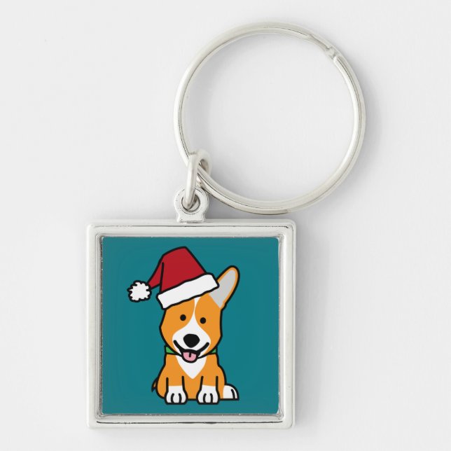 Corgi-hund-valpen Pembroke Welsh-jultomten Fyrkantig Silverfärgad Nyckelring (Framsidan)