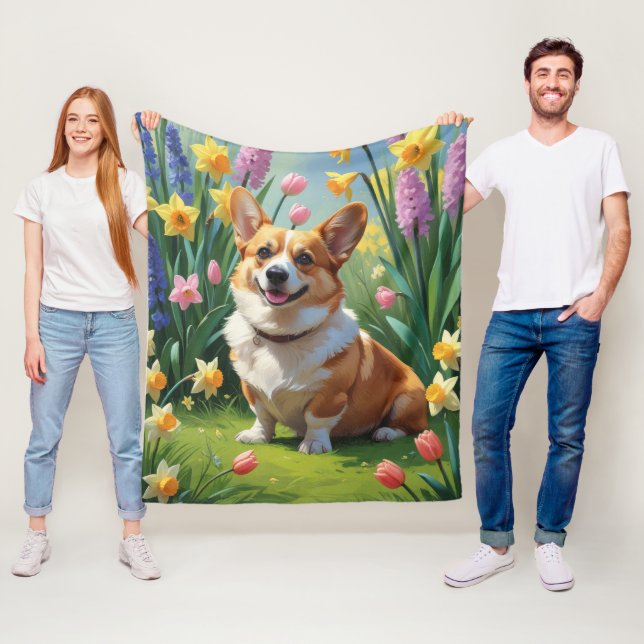 Corgi Hund Vår blommor Painting Fleecefilt (På plats)