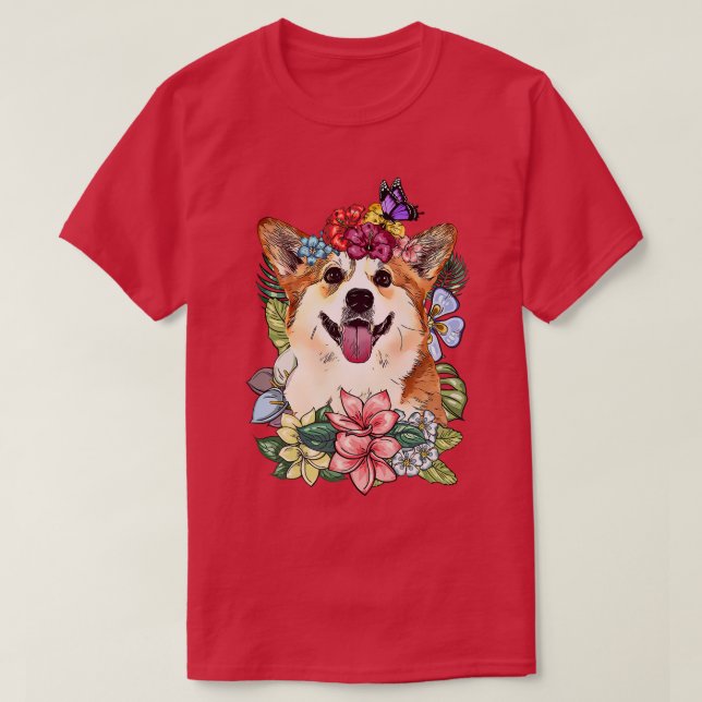 Corgi Hund Vår Botanical Plant Flower Blommigt263 T Shirt (Design framsida)