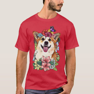 Corgi Hund Vår Botanical Plant Flower Blommigt263 T Shirt