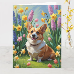 Corgi Hund Vårblommor Målning Kort