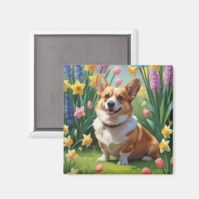 Corgi Hund Vårblommor Målning  Magnet (Front/Back)