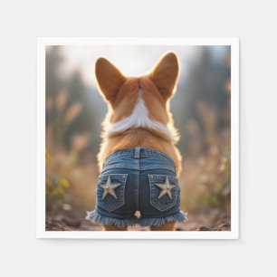 Corgi Hund Wearing Blue Frayed Denim Kort Pappersservett