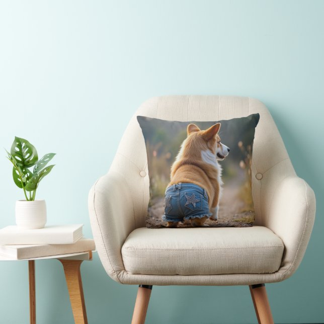 Corgi Hund Wearing Blue Jean Kort Kudde (Stol)