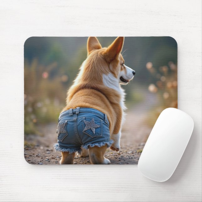Corgi Hund Wearing Blue Jean Kort Musmatta (Med mus)