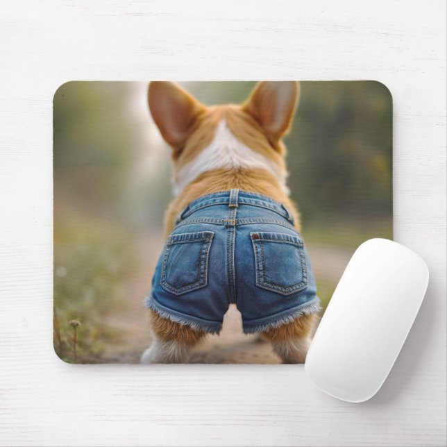 Corgi Hund Wearing Denim Kort Musmatta (Med mus)