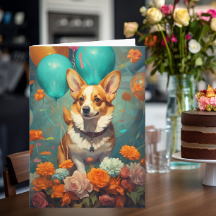 Corgi Hund with Balloons Birthday Kort