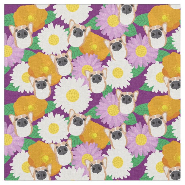 Corgi Hund with Flowers Lila Patterned Tyg (Närbild)