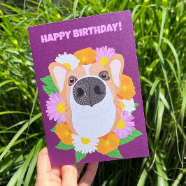 Corgi Hund with Flowers Lila Personlig Kort