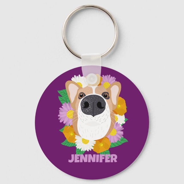 Corgi Hund with Flowers Lila Personlig Nyckelring (Framsida)