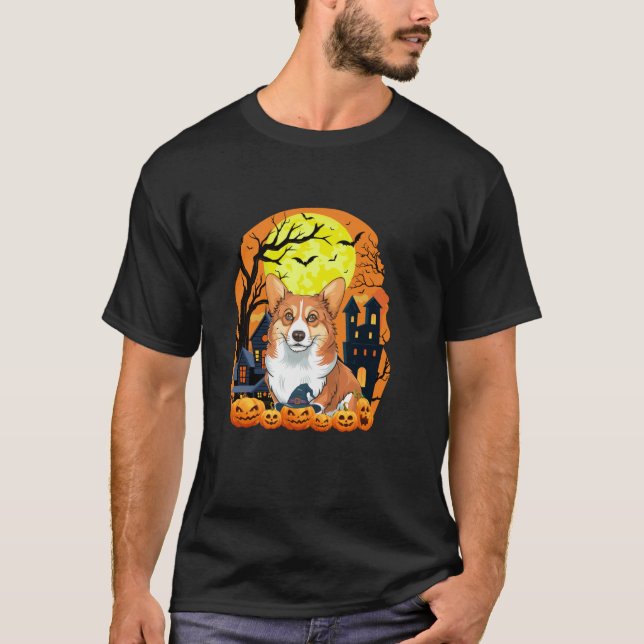 Corgi Hund with Pumpkins funny Scary Halloween Par T Shirt (Framsida)