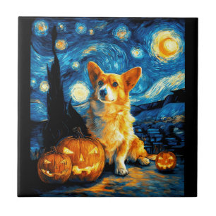 Corgi Hundälskare målning av van gogh stjärnklar n Kakelplatta