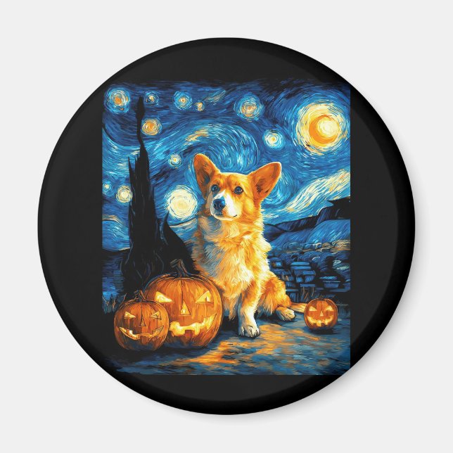 Corgi Hundälskares Painting of van gogh Starry nig Magnet (Framsidan)