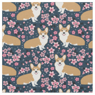 corgi hundar cherry blommar navy tyg