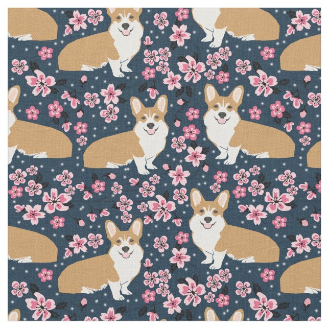 corgi hundar cherry blommar navy tyg (Närbild)
