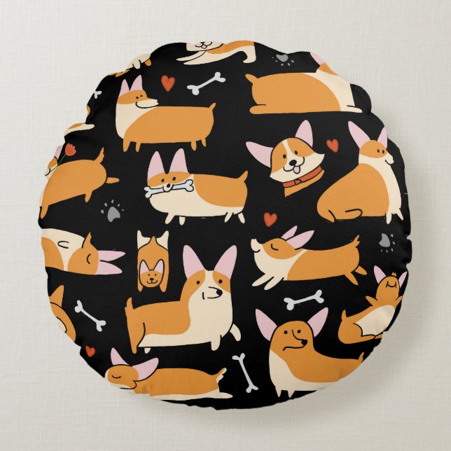 Corgi Hundar, Cute Seamless Background. Rund Kudde (Framsidan)
