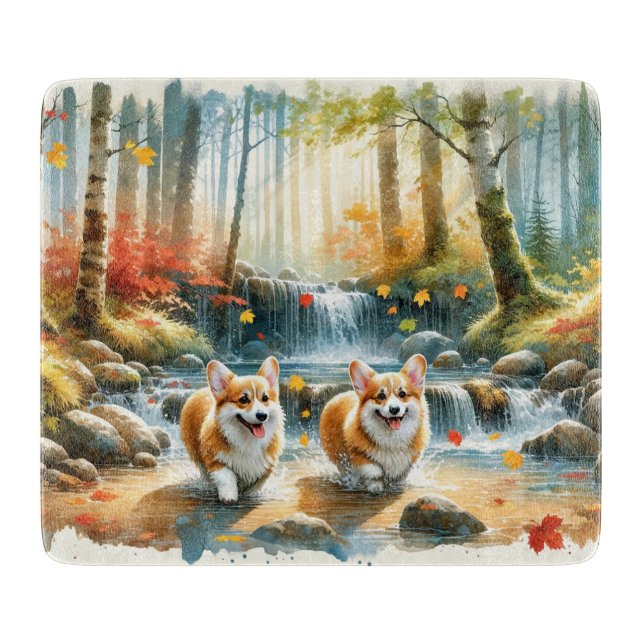 Corgi Hundar i en träströmm med Höst färger (Framsidan)