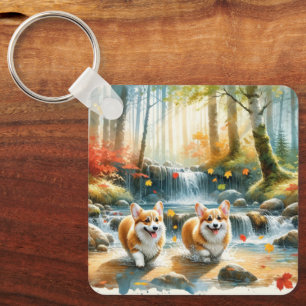 Corgi Hundar i en träströmm med Höst färger Nyckelring
