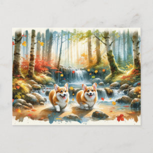 Corgi Hundar i en träströmm med Höst färger Vykort