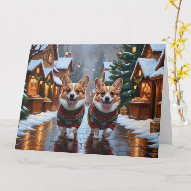 Corgi Hundar jul Snö Helgdag Kort (Gul blomma)
