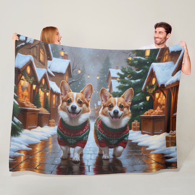 Corgi Hundar Jul Snö Högtid Fleecefilt (På plats)