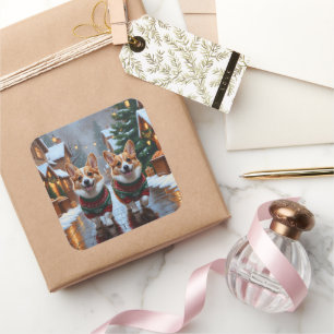 Corgi Hundar Jul Snö Högtid Fyrkantigt Klistermärke