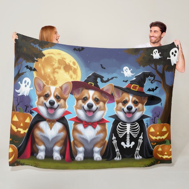 Corgi Hundar Pumpa Halloween Roligt Fleecefilt (På plats)