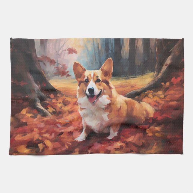 Corgi i höstlöv Fall Inspirerar Kökshandduk (Horisontell)