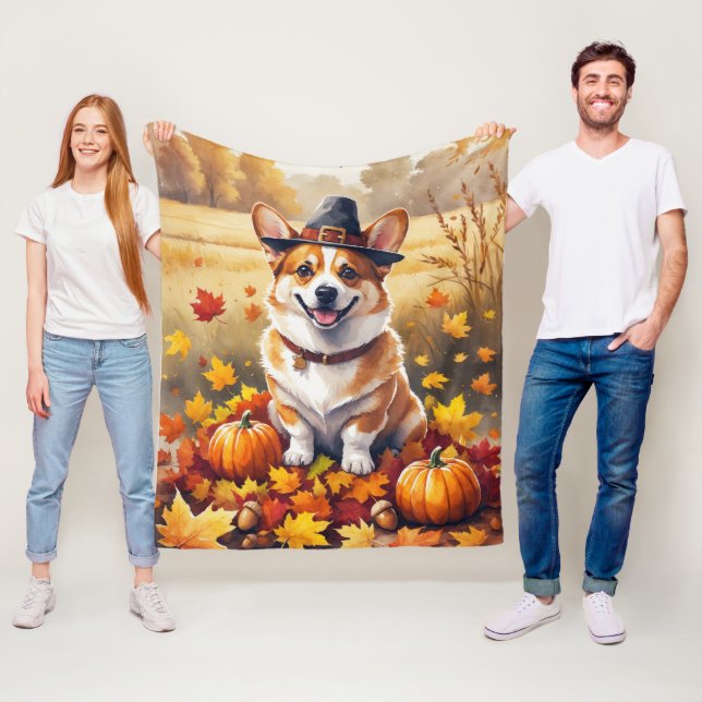 Corgi i höstlöv tackgivandekonst fleecefilt (På plats)