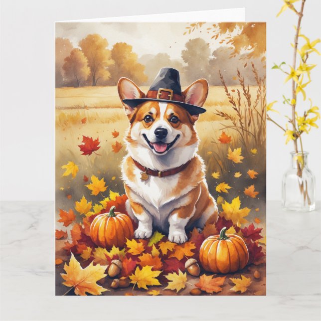 Corgi i höstlöv tackgivandekonst kort (Gul blomma)