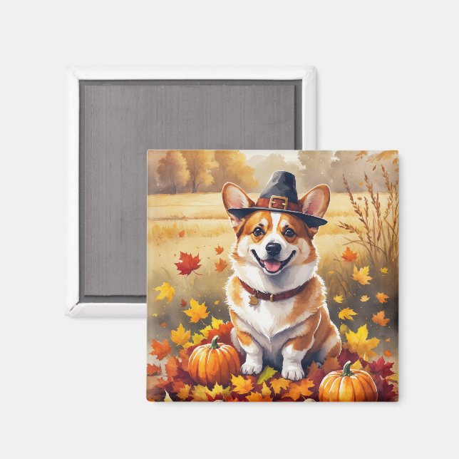 Corgi i höstlöv tackgivandekonst magnet (Front/Back)