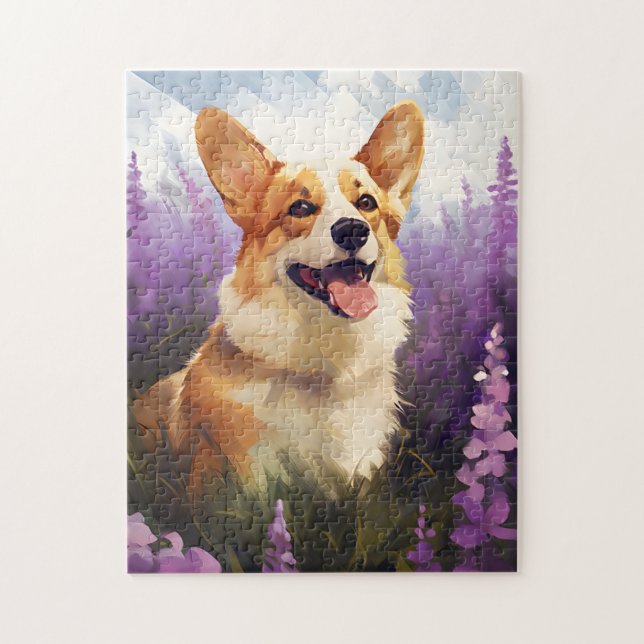 Corgi i Lavender fält Pussel (Vertikal)