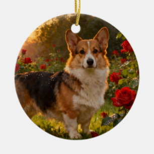 Corgi i rosorna IV prydnad Julgransprydnad Keramik