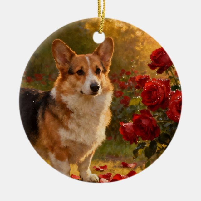 Corgi i rosorna V Julgransprydnad Keramik (Framsidan)