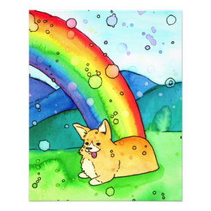 Corgi i slutet av regnbågens vattenfärgsutskrift fototryck