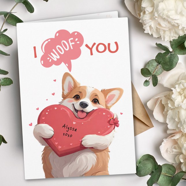 Corgi I Woof You Red Hearts Hund Valentine Kort (Playful Corgi I Woof You Red Hearts Dog Valentine Card)