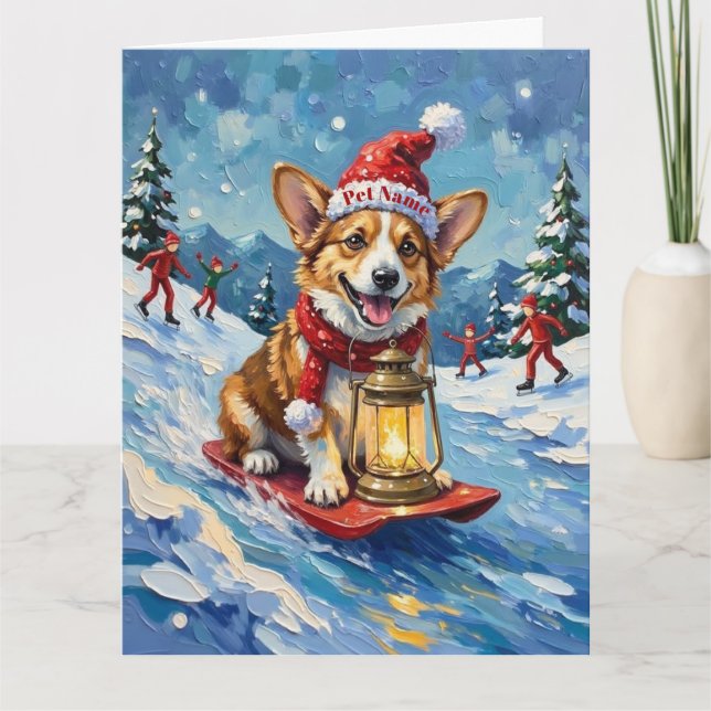 Corgi Ice Slider Christmas Lantern Hat Kort (Framsida)