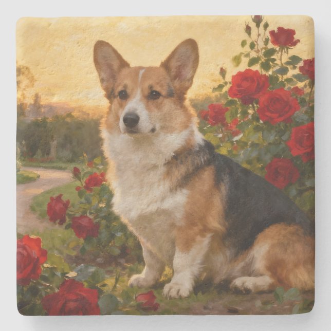 Corgi in the Roses II Stenunderlägg (Framsidan)