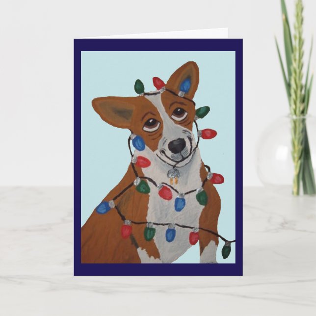 Corgi intrasslad i julgransbelysning kort (Framsida)