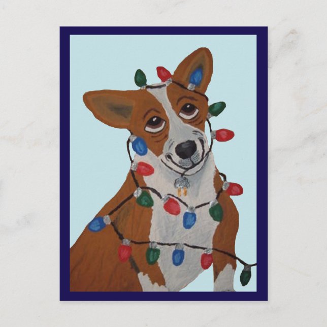Corgi intrasslad i julgransbelysning vykort (Framsida)