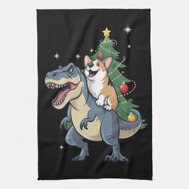 Corgi jul Dinosaur Träd Rex Helgdag Julafton Kökshandduk (Vertikal)