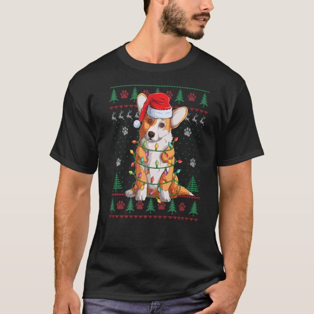Corgi jul Ljus Santa Hund Ugly Sweater T Shirt (Framsida)