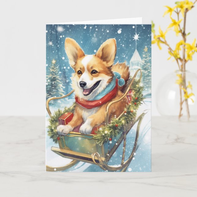 Corgi-jul - Riding a Sleigh of Presenter Kort (Gul blomma)