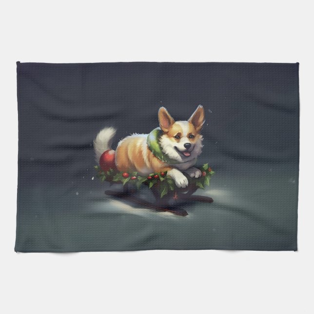 Corgi jul snö vinter kökshandduk (Horisontell)