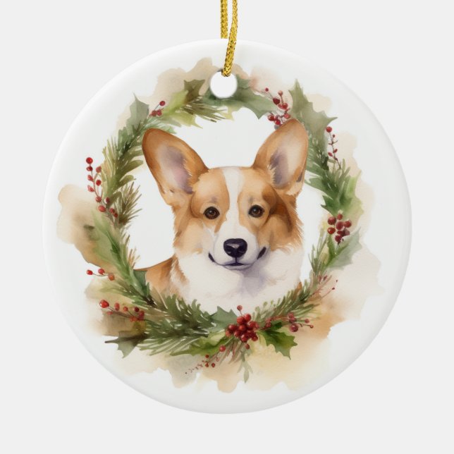 Corgi Julkrans Festlig Valp Julgransprydnad Keramik (Framsidan)