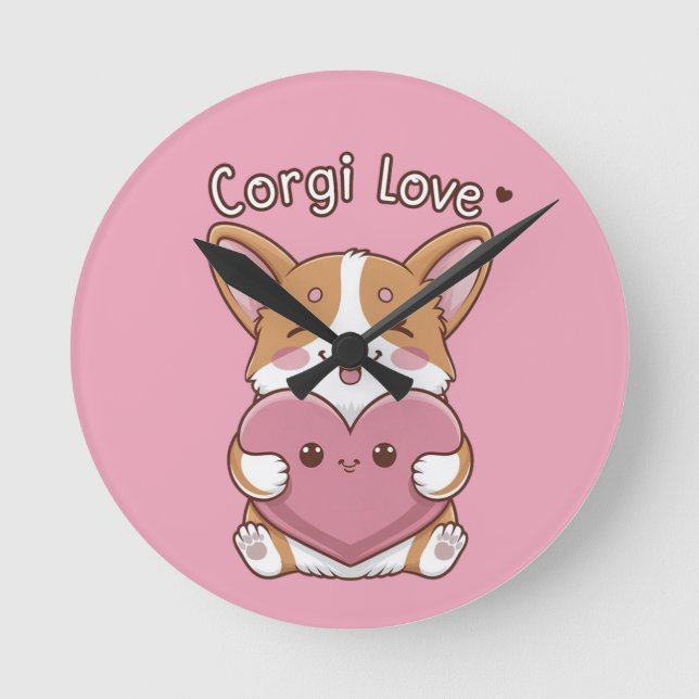 Corgi Kärlek Wall Clock Rund Klocka (Framsida)