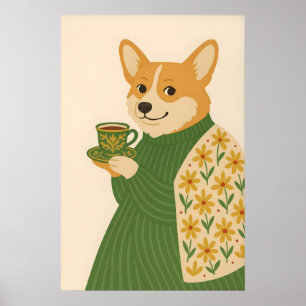 Corgi konsttryck, kaffe, blommande grön jacka, hun poster