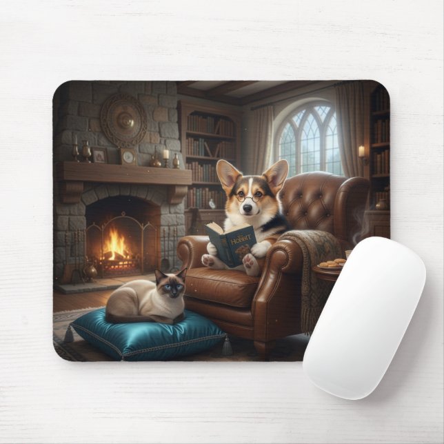 Corgi läser för katt musmatta (Med mus)