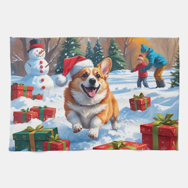 Corgi löper i snö med julhatt kökshandduk (Horisontell)